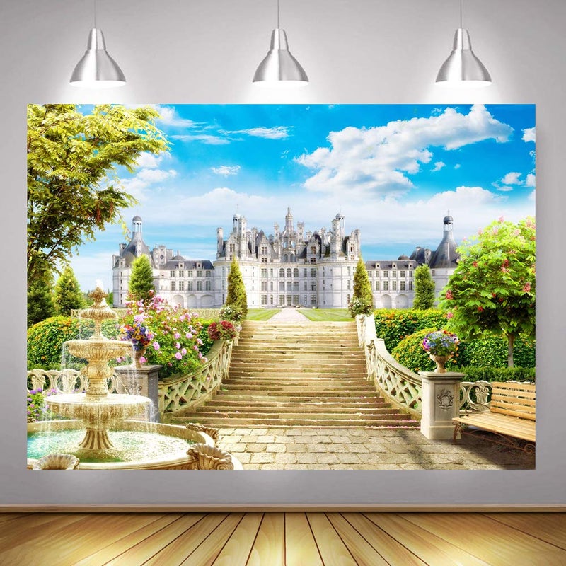 CapiSco 7X5FT Castle Stairs Backdrop Vinyl Photography Studio Background Outdoor Fountain Blue Sky White Clouds Wedding Party Decoration Polyester Seamless Photo Studio Booth Backdrop SCO44 - Image 3